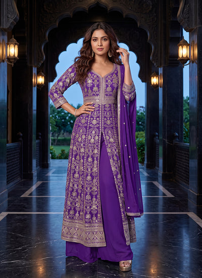 Purple Embroidered Slit Style Anarkali Palazzo Suit

