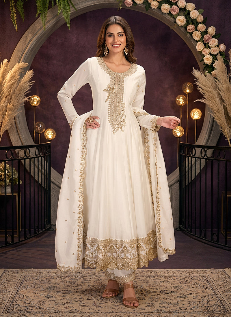 White Golden Embroidery Silk Anarkali Pant Style Suit