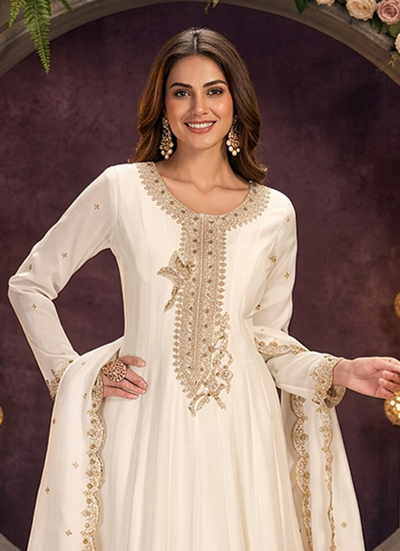 Buy White Golden Embroidery Anarkali Pant Suit In USA