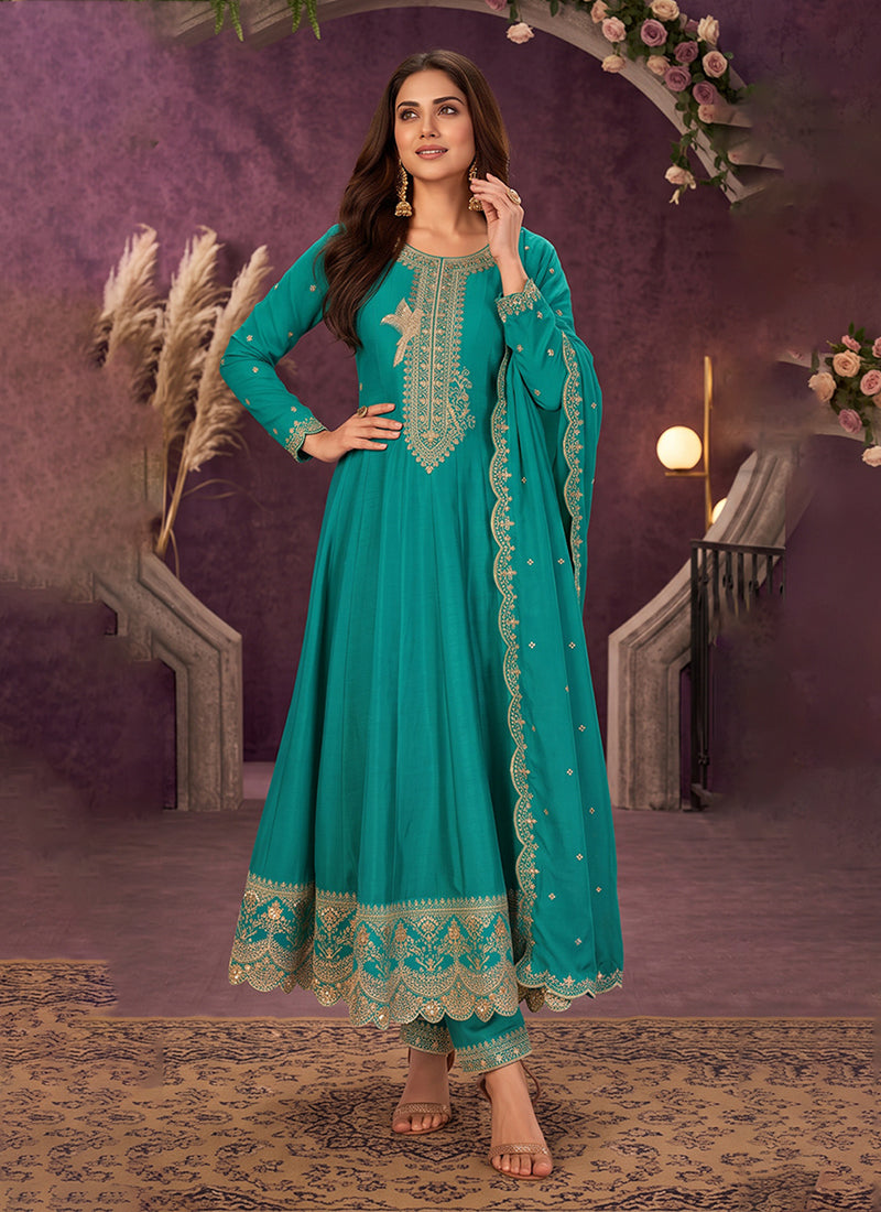 Turquoise Golden Embroidery Silk Anarkali Pant Style Suit