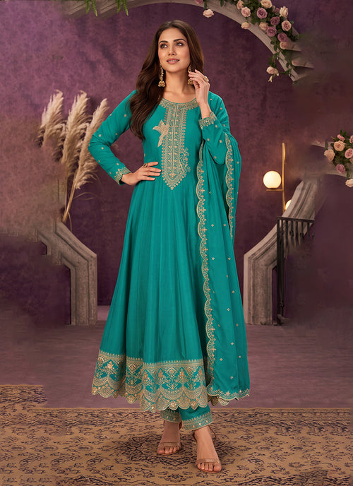 Turquoise Golden Embroidery Silk Anarkali Pant Style Suit