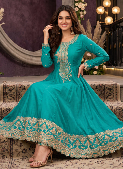 Shop Turquoise Anarkali Suit Online