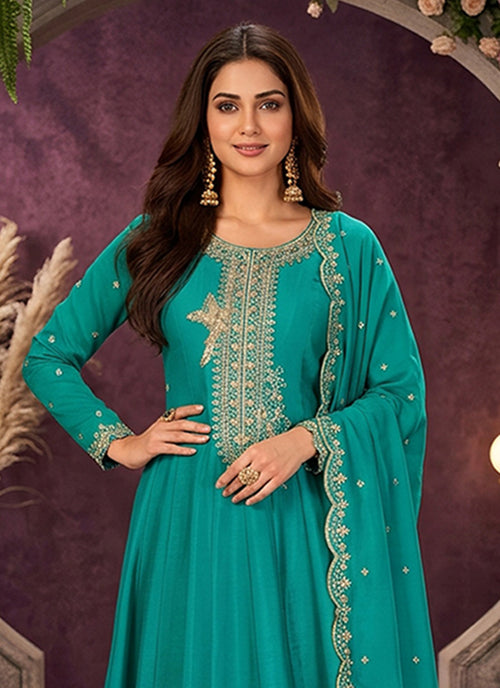 Buy Turquoise Anarkali Pant Suit In UK