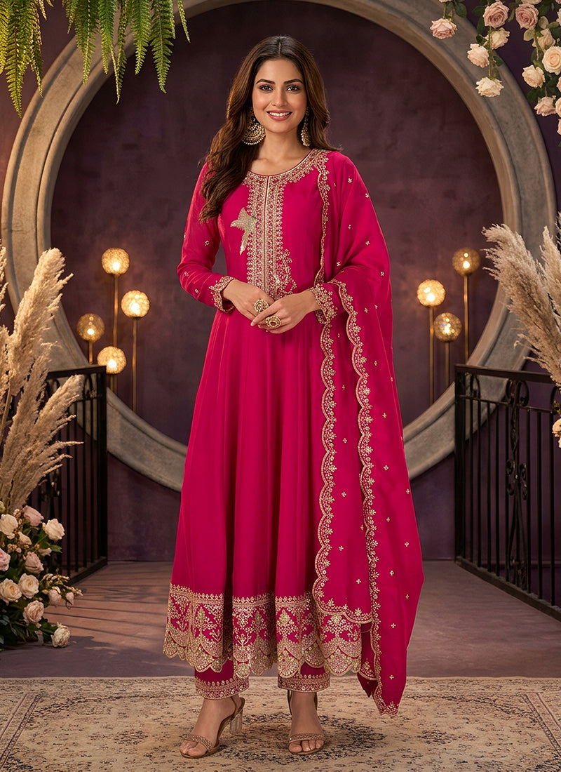 Magenta Golden Embroidery Silk Anarkali Pant Style Suit