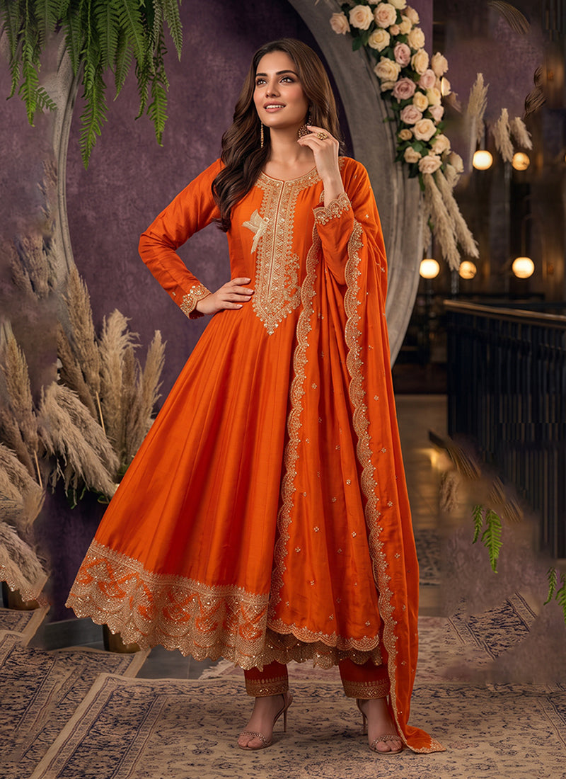 Orange Golden Embroidery Silk Anarkali Pant Style Suit