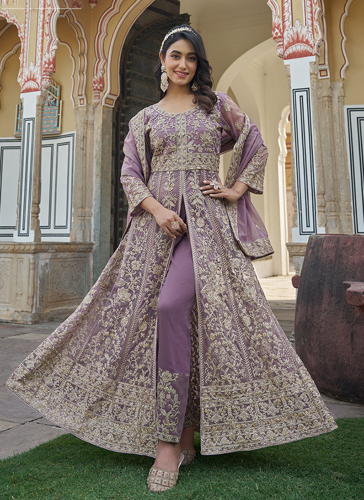 Buy Purple Embroidered Front Slit Style Anarkali Suit Online in USA Buy Purple Embroidered Front Slit Style Anarkali Suit Online in USA