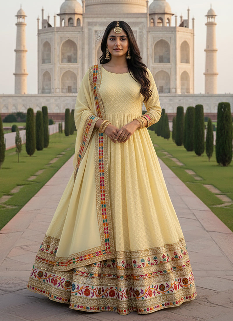 Pastel Yellow Traditional Embroidered Anarkali Suit