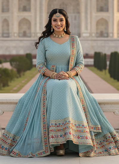 Sky Blue Traditional Embroidered Anarkali Suit