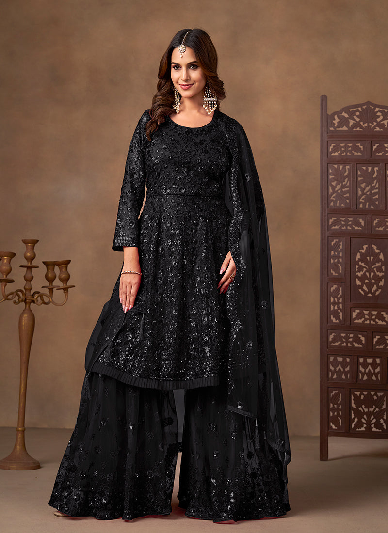 Black Sequins Embroidered Net Anarkali Gharara Suit