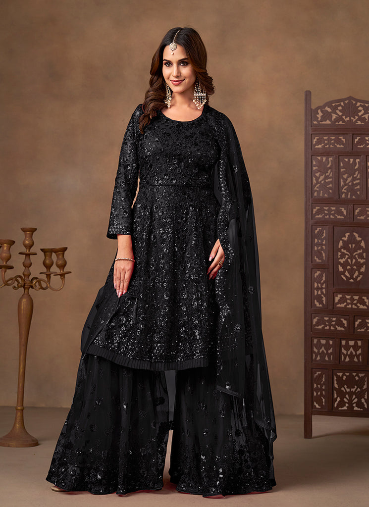 Black Sequins Embroidered Net Anarkali Gharara Suit