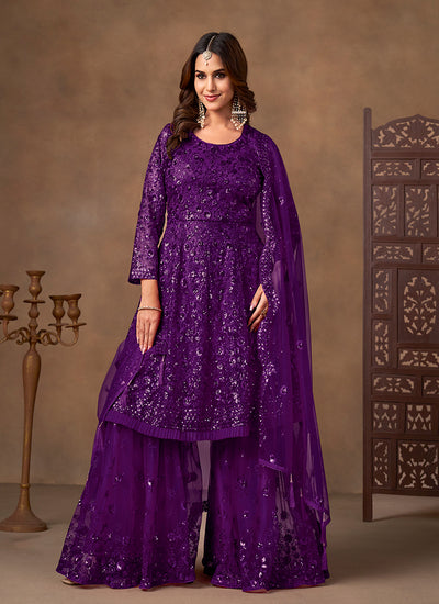 Purple Sequins Embroidered Net Anarkali Gharara Suit