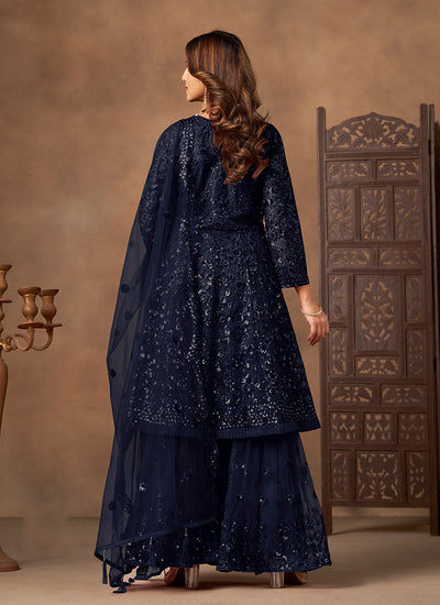 Dark Blue Sequins Embroidered Net Anarkali Gharara Suit