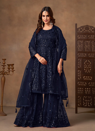 Dark Blue Sequins Embroidered Net Anarkali Gharara Suit