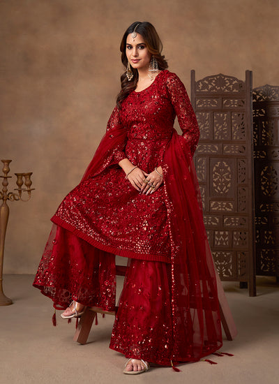 Red Sequins Embroidered Net Anarkali Gharara Suit