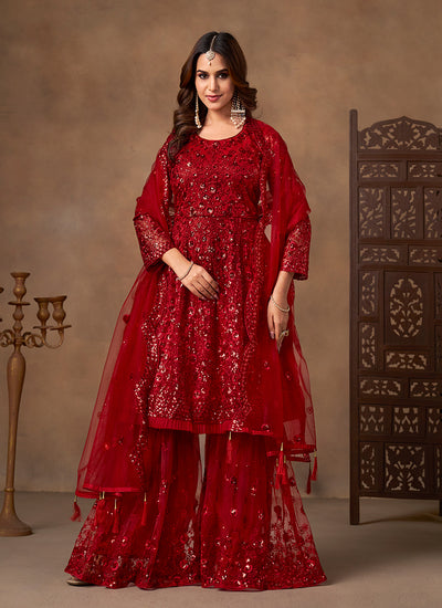 Red Sequins Embroidered Net Anarkali Gharara Suit