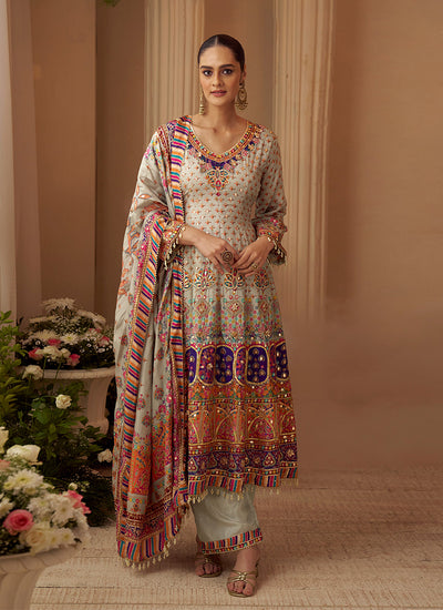 Beige Multicolored Embroidery Anarkali Pant Style Suit