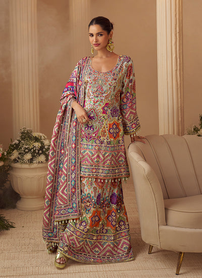 Ivory Multicolored Embroidery Anarkali Pant Style Suit