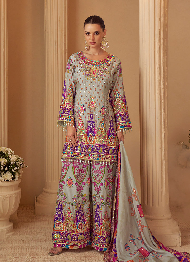 Grey Multicolored Embroidery Anarkali Pant Style Suit