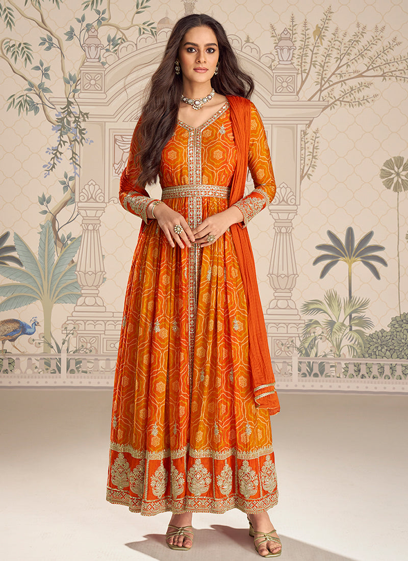 Orange Embroidery Slit-Style Anarkali Pant Suit