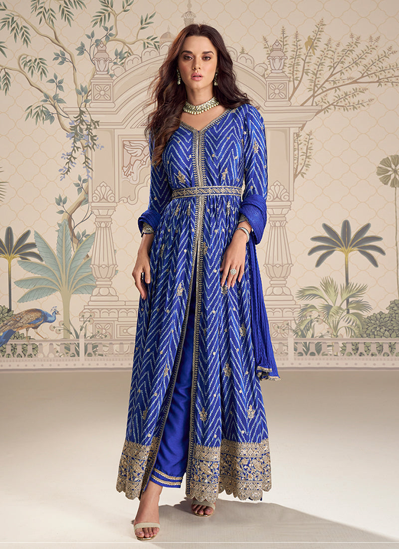 Royal Blue Embroidery Slit-Style Anarkali Pant Suit