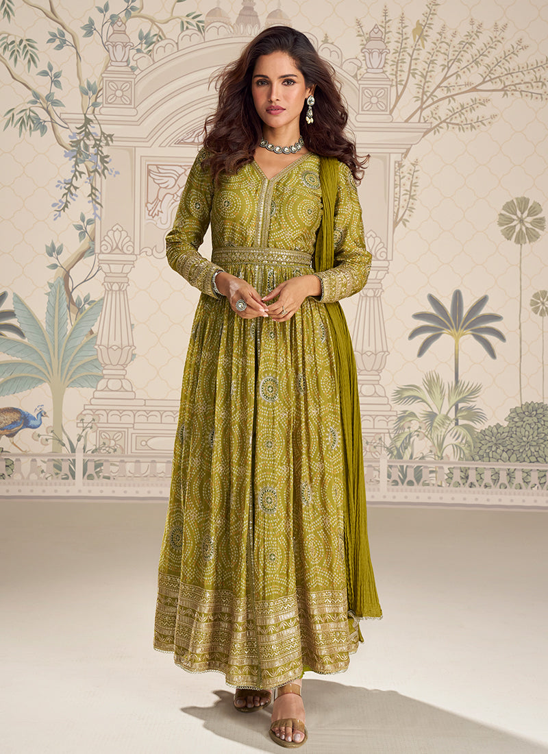 Olive Green Embroidery Slit-Style Anarkali Pant Suit