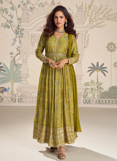 Olive Green Embroidery Slit-Style Anarkali Pant Suit
