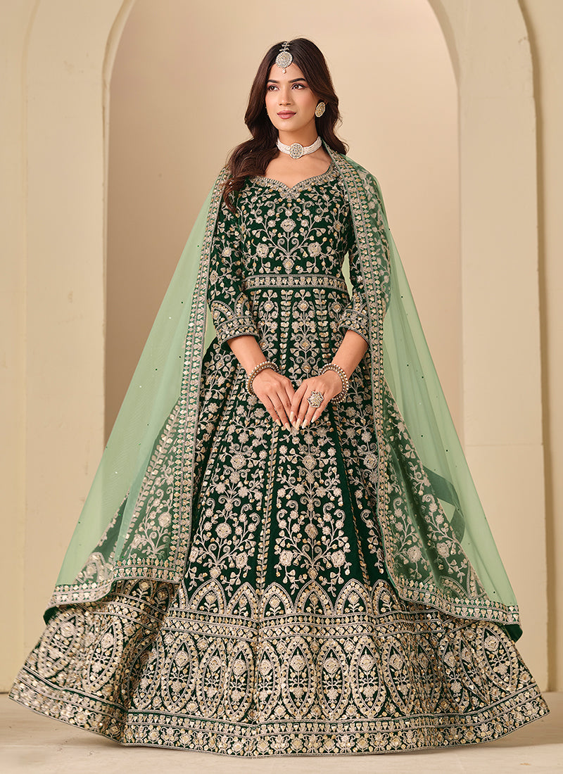 Dark Green Embroidery Velvet Anarkali Suit