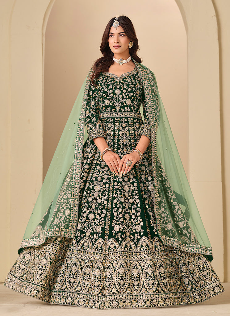Dark Green Embroidery Velvet Anarkali Suit