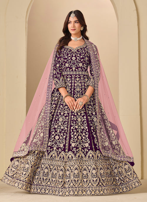 Wine and Pink Embroidery Velvet Anarkali Suit