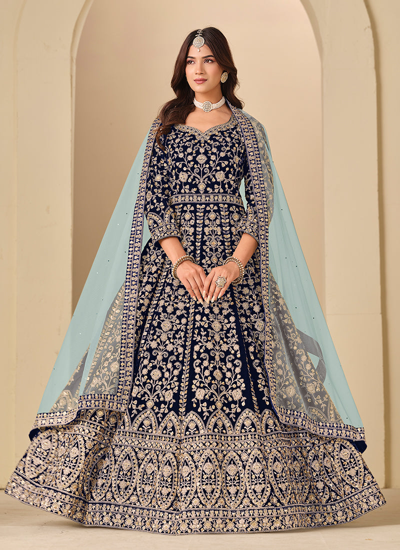 Dark Blue Embroidery Velvet Anarkali Suit