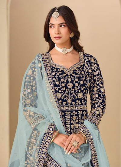 Dark Blue Embroidery Velvet Anarkali Suit