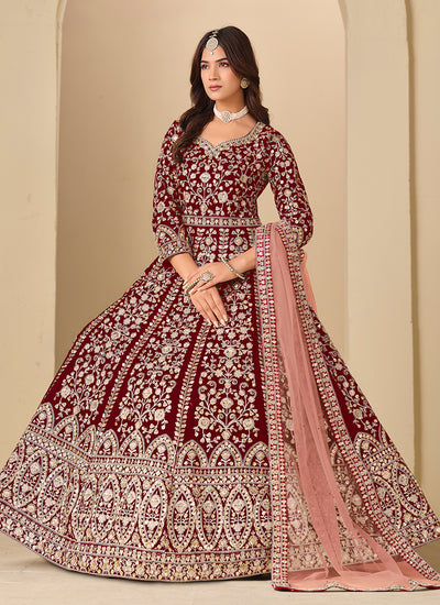 Red and Peach Embroidery Velvet Anarkali Suit