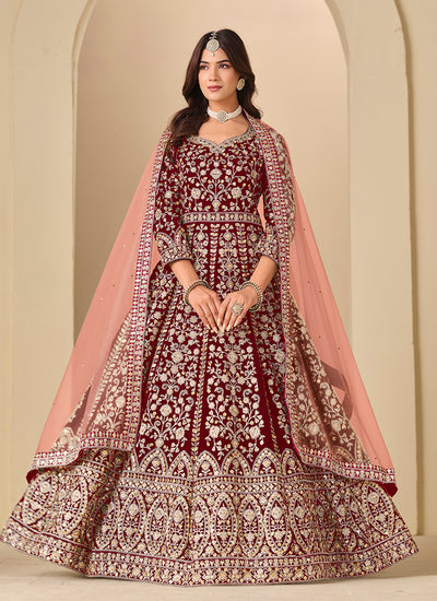 Red and Peach Embroidery Velvet Anarkali Suit