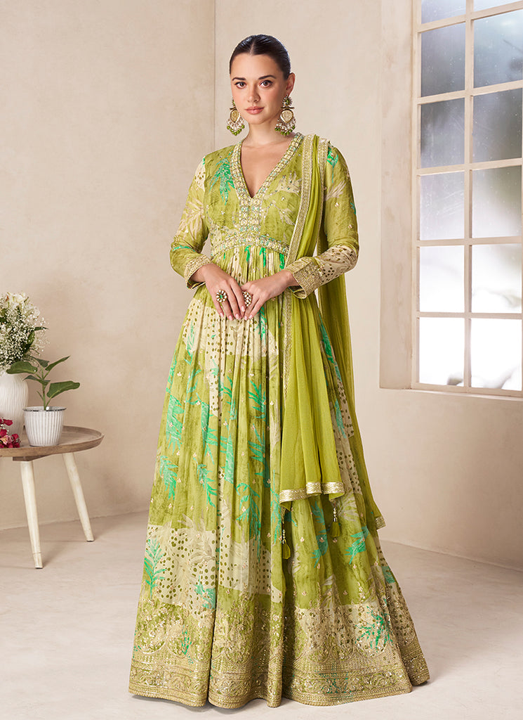 Lime Green Digital Printed Embroidered Anarkali Gown