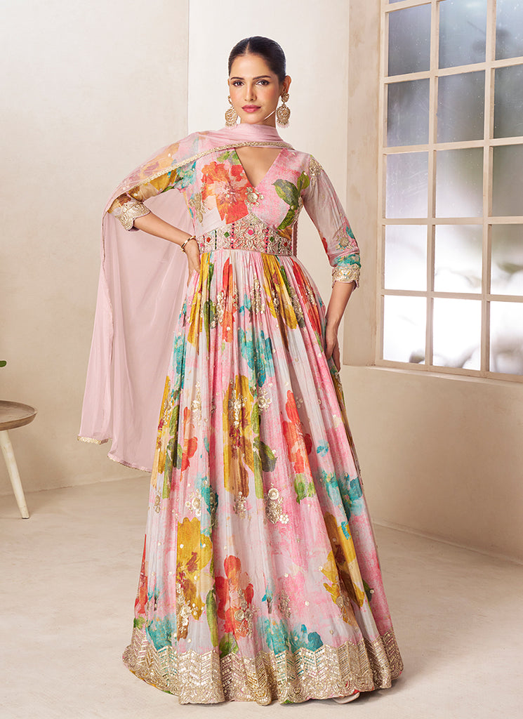 Pink Multicolor Floral Printed Embroidered Anarkali Gown