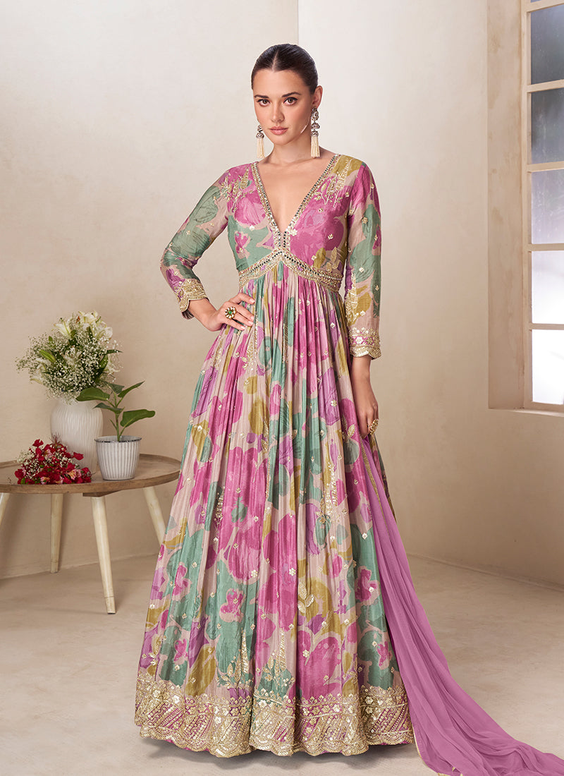 Purple Multicolor Floral Printed Embroidered Anarkali Gown