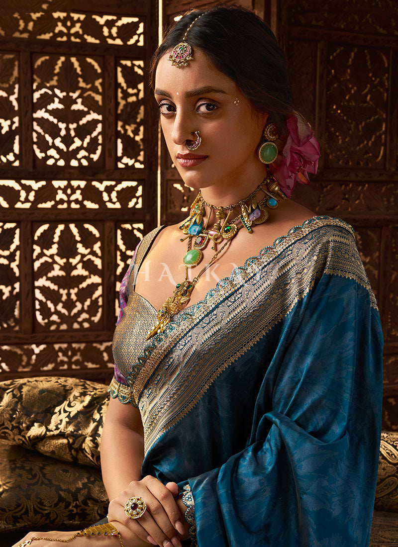Buy Traditional Turquoise Silk Saree n USA