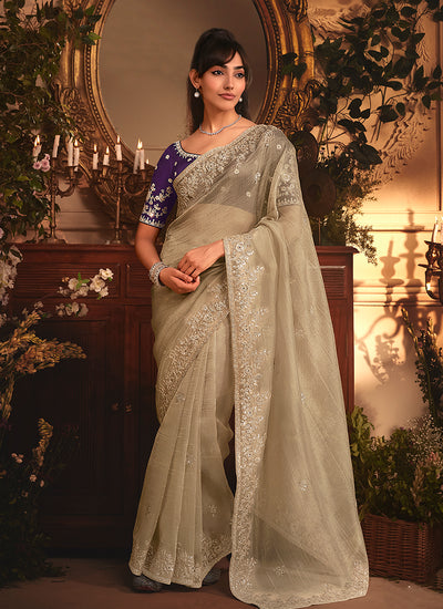 Beige And Purple Tissue Silk Saree