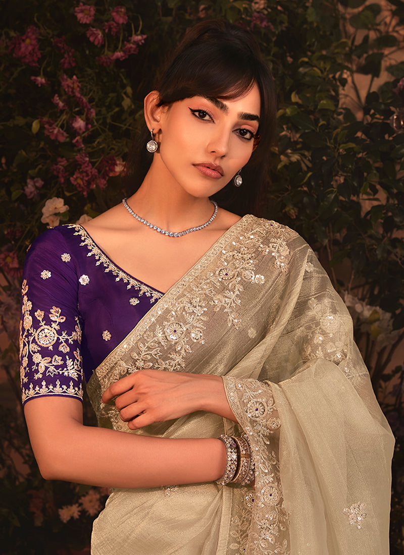 Beige And Purple Traditional Saree