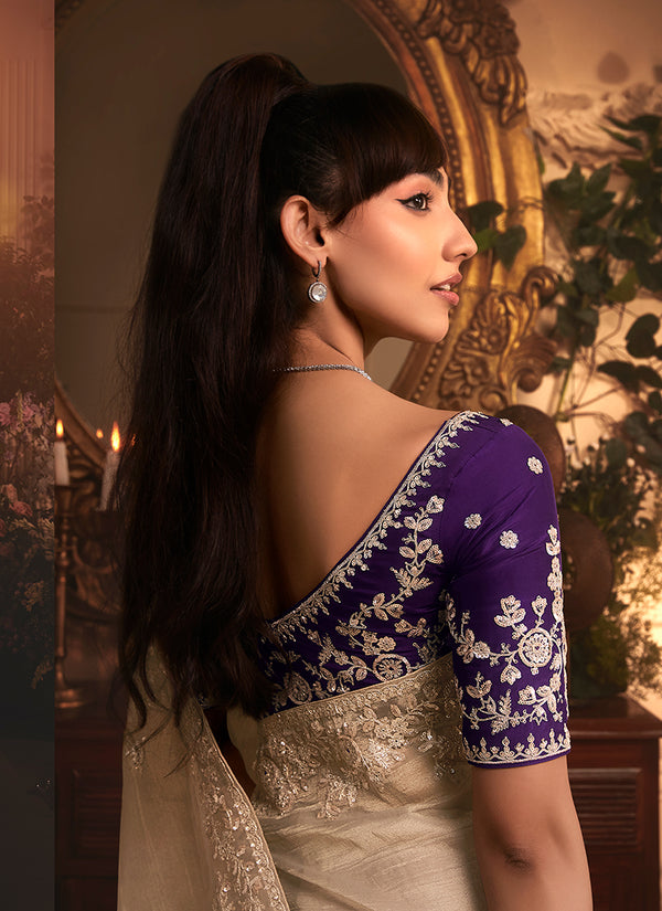 Beige And Purple Embroidered Tissue Silk Saree