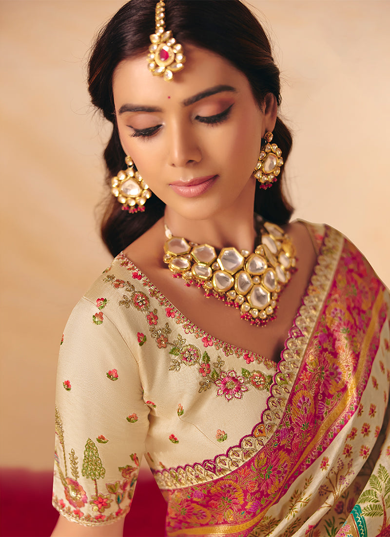 Shop Beige Cream Silk Saree At Hatkay
