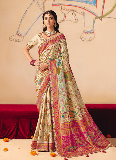 Beige Cream Multi Embroidery Designer Saree
