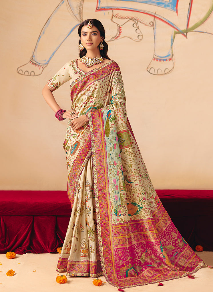 Beige Cream Multi Embroidery Designer Saree
