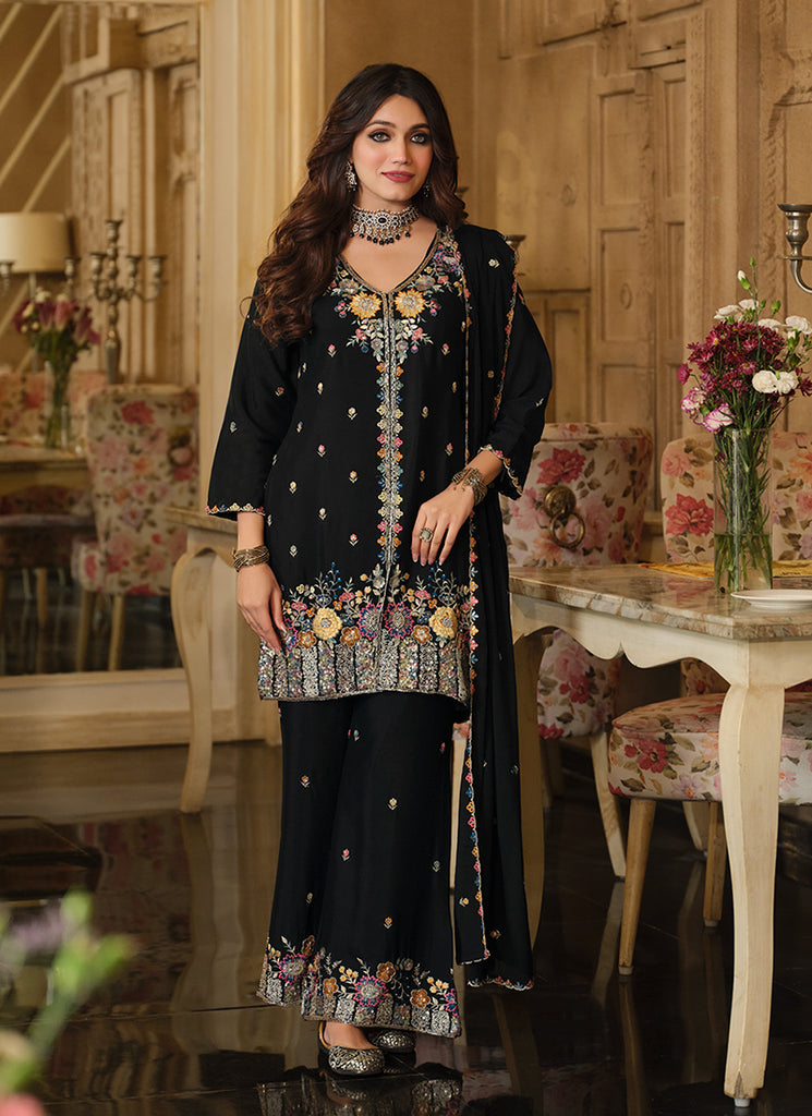 Black Multi Embroidered Palazzo Suit