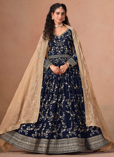 Dark Blue Embroidery Anarkali Suit