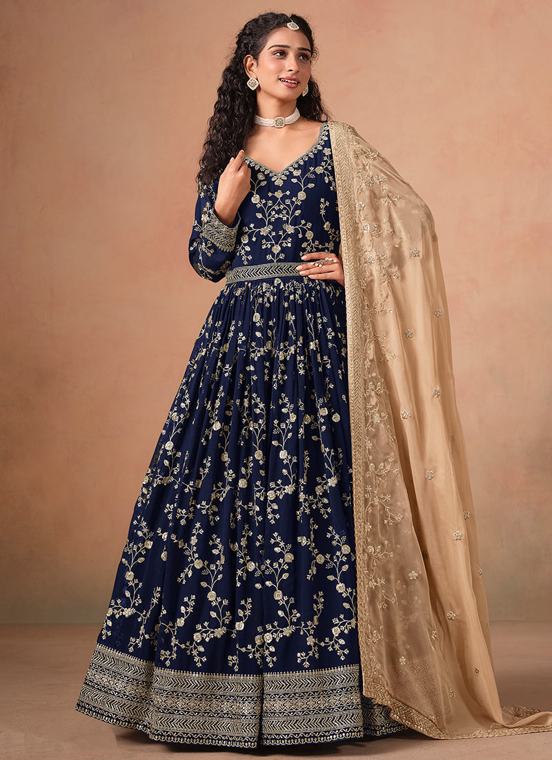 Dark Blue Embroidery Anarkali Suit