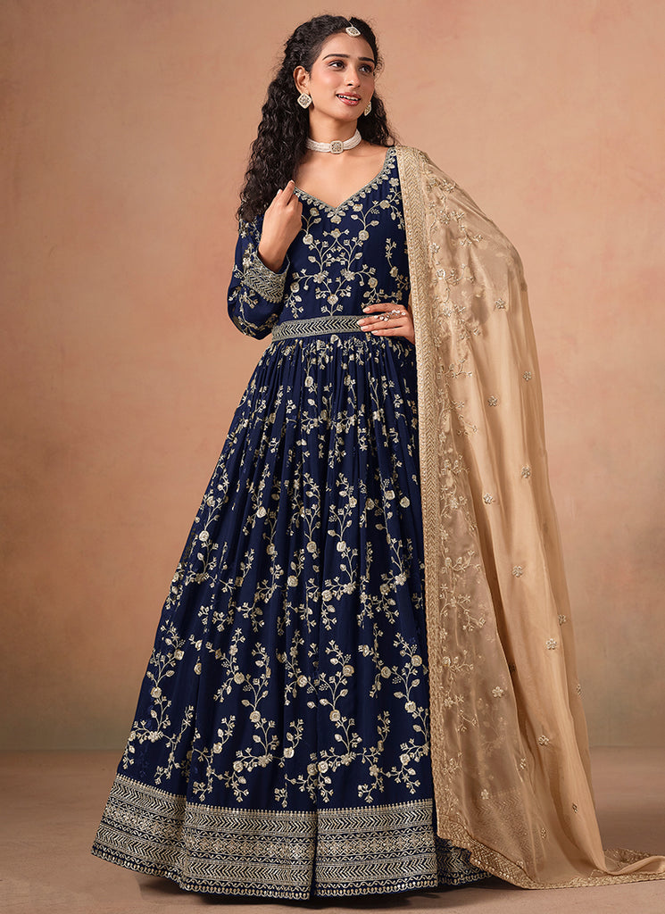 Dark Blue Embroidery Anarkali Suit