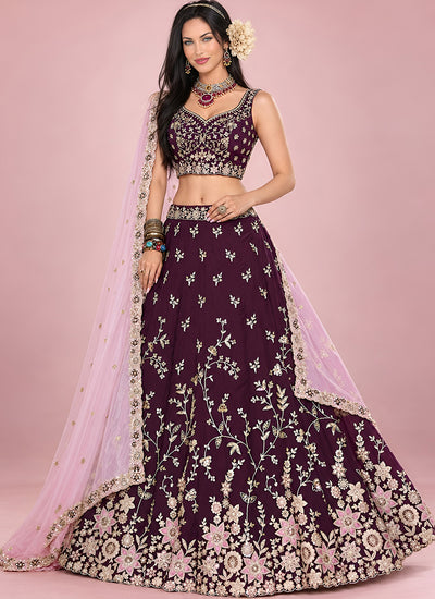 Maroon Embroidered Rangoli Silk Lehenga Choli Set