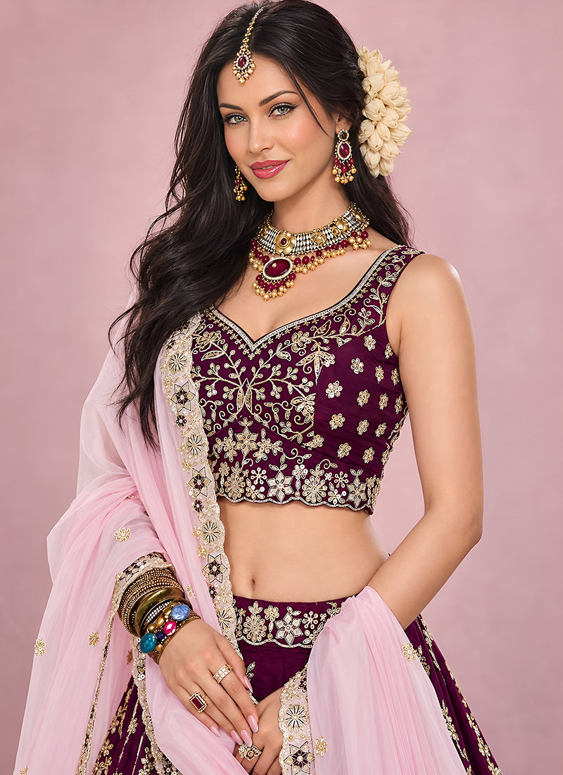 Shop Maroon Silk Lehenga Choli Set In France