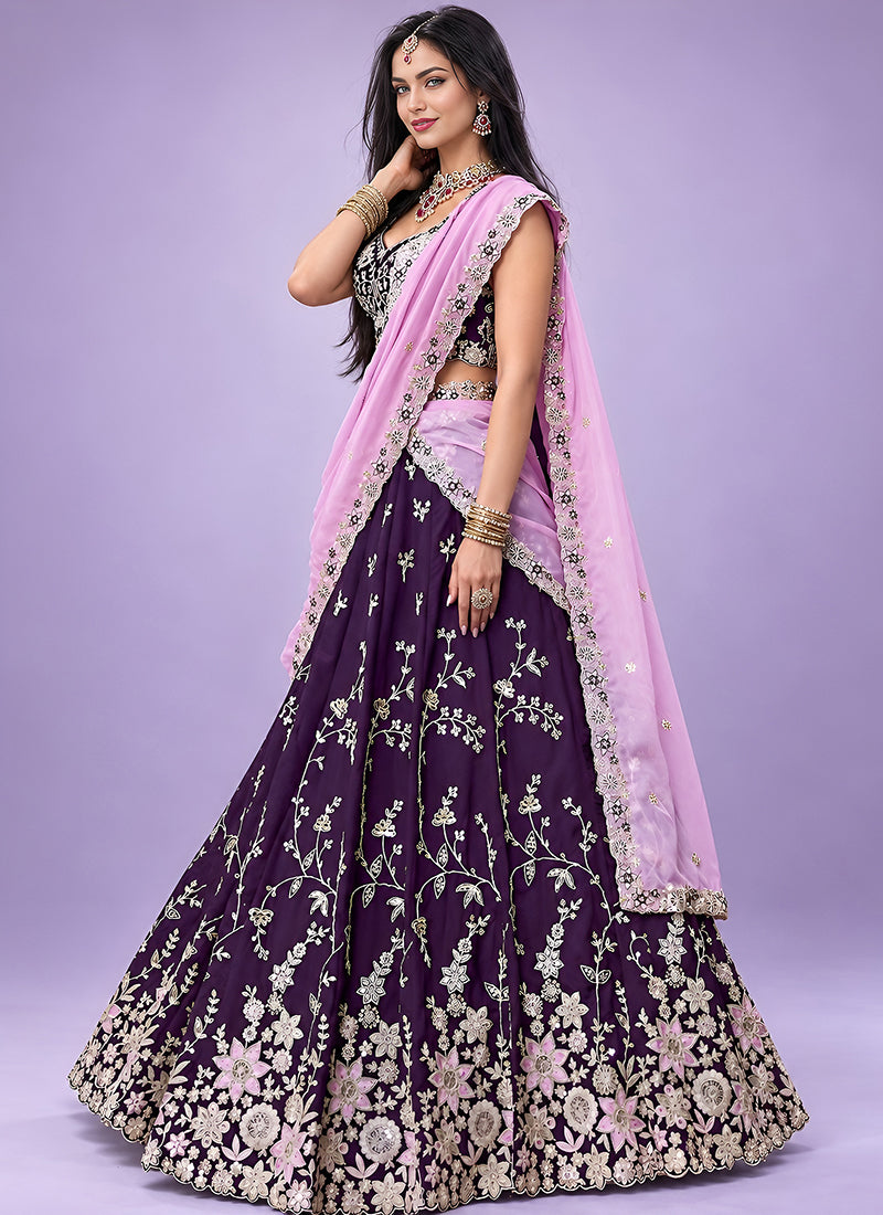 Deep Purple Embroidered Rangoli Silk Lehenga Choli Set
